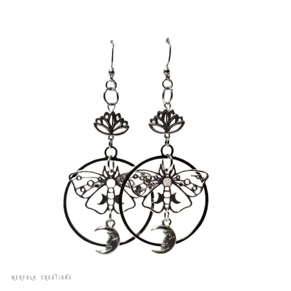 Lotus Lunar Butterly Silver Boho Earrings - Handmade - Picture 2 of 4